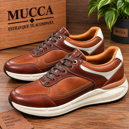 Zapato tenis deportivo en cuero para hombre color  versalles mieI x coñag x gris  2004