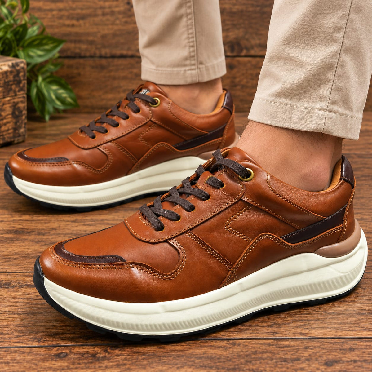 Zapato tenis deportivo en cuero para hombre color sheraton miel x coñag 2006