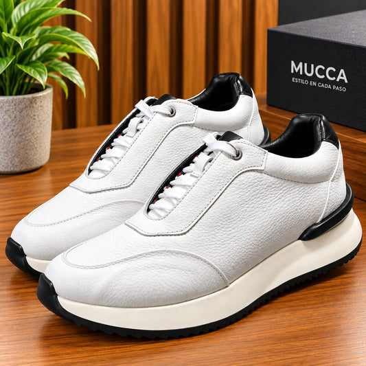 Zapato tenis deportivo en cuero para hombre color blanco x negro 2003