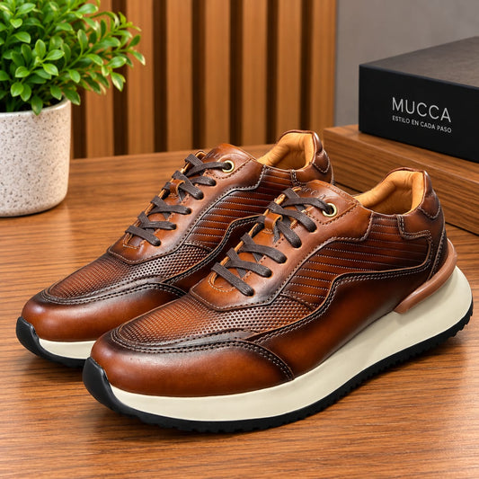 Zapato tenis deportivo en cuero para hombre color versalles miel x gravados x difuminado 2002