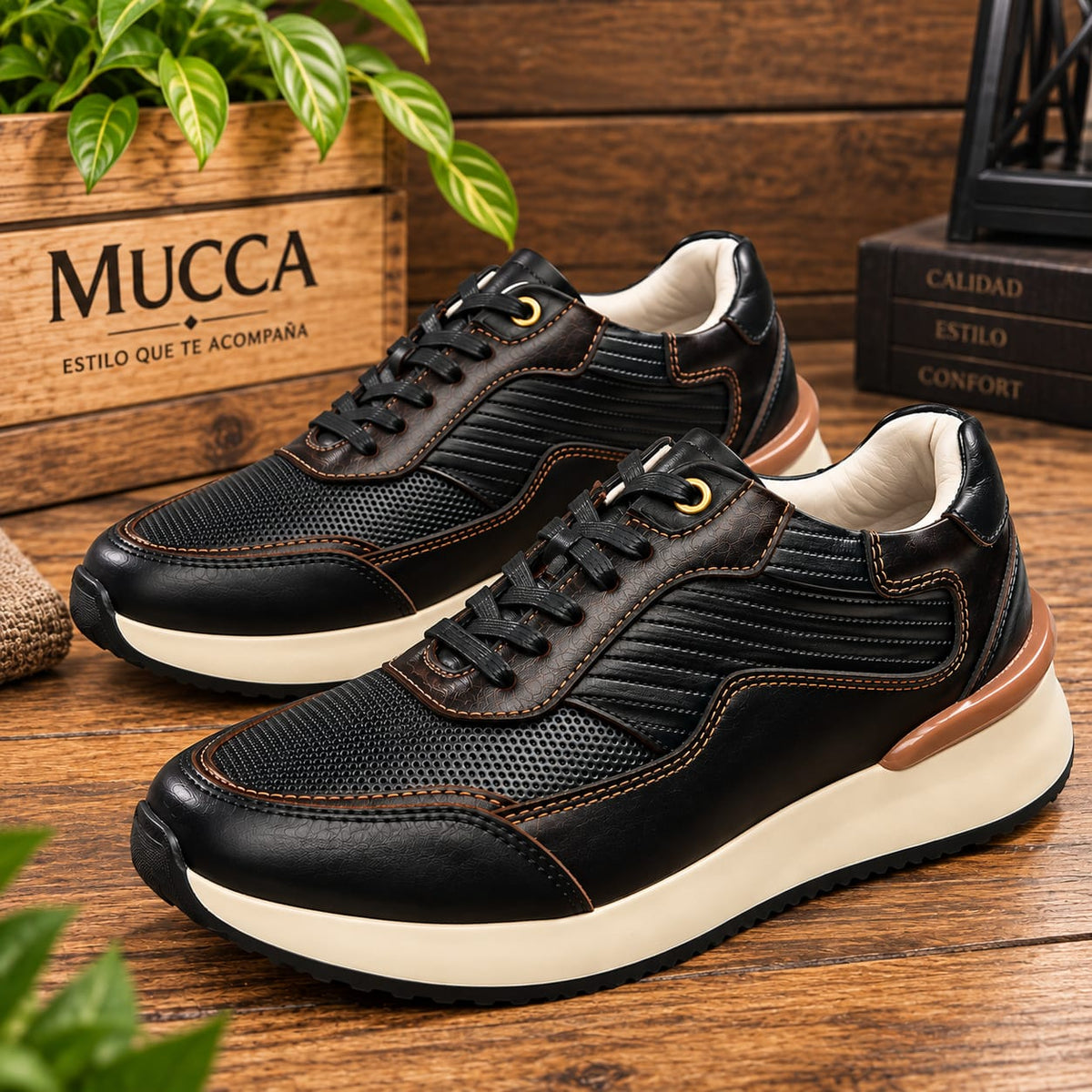 Zapato tenis deportivo en cuero para hombre color negro x cafe 2002