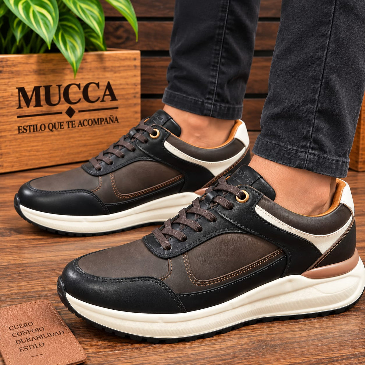 Zapato tenis deportivo en cuero para hombre color cafe x negro x blanco 2004