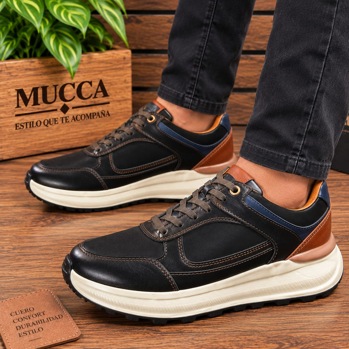 Zapato tenis deportivo en cuero para hombre color  versalles cafe x miel x azul   2004