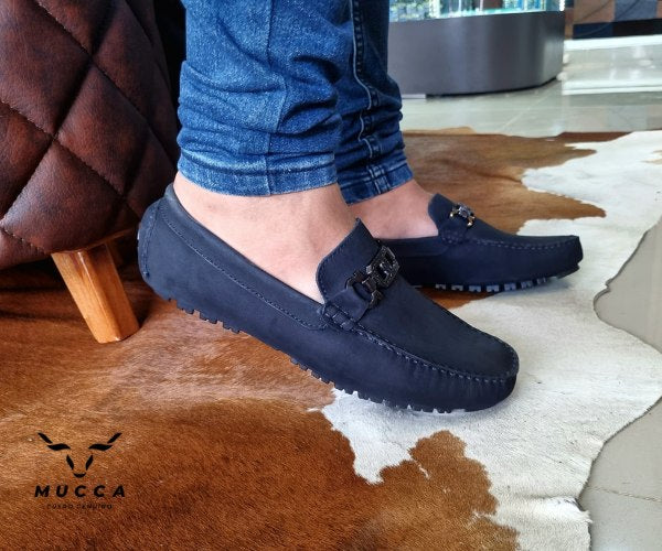 zapato mocasin Apache enchasado para hombre color nobuck azul 555