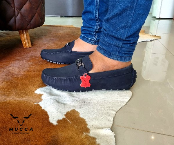 zapato mocasin Apache enchasado para hombre color nobuck azul 555
