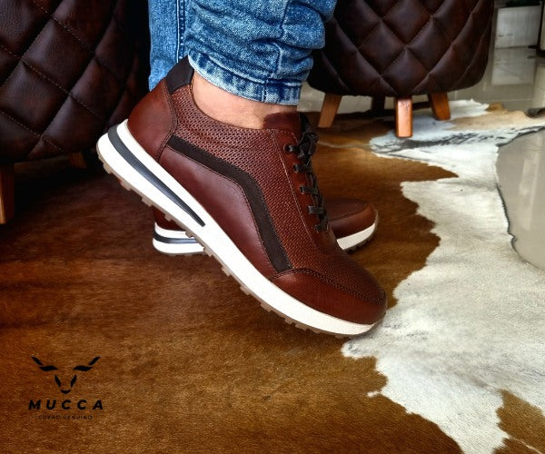 zapato tenis deportivo en cuero para hombre color coñag x cocholate 474