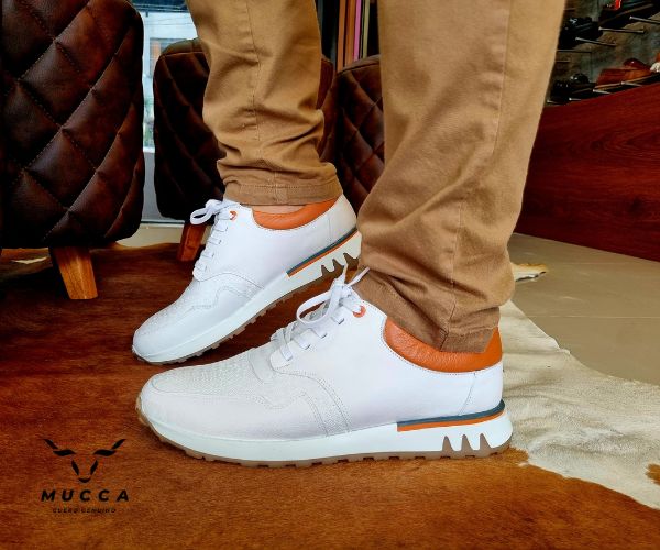 zapato tenis deportivo en cuero para hombre color blanco x naranja 470
