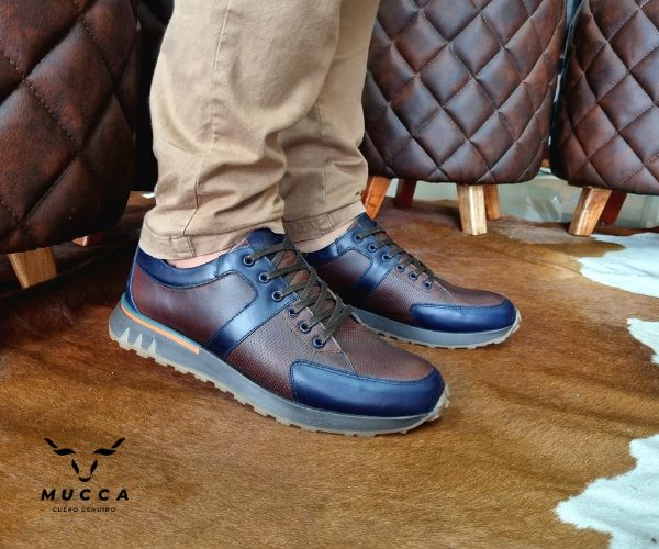 zapato tenis deportivo en cuero para hombre color coñag x azul 468