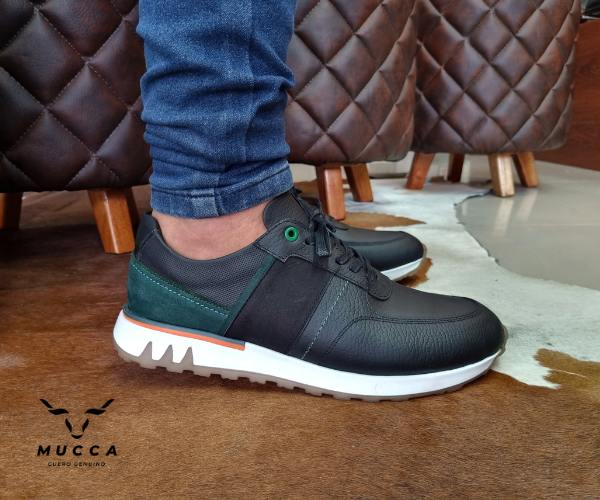 zapato tenis deportivo en cuero para hombre color negro x verde 477