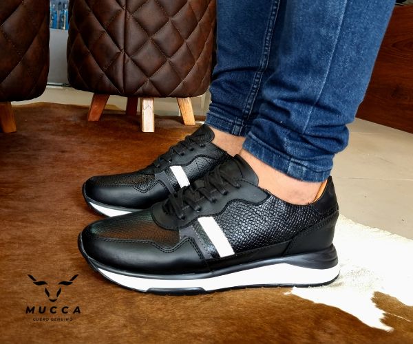 zapato tenis deportivo en cuero para hombre color negro x gravado x gris 902