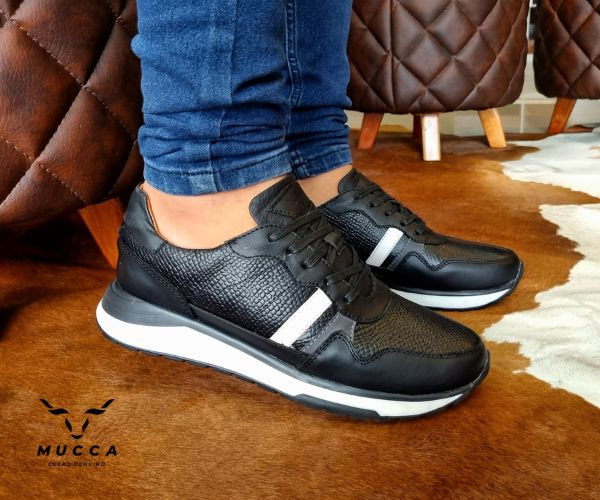 zapato tenis deportivo en cuero para hombre color negro x gravado x gris 902