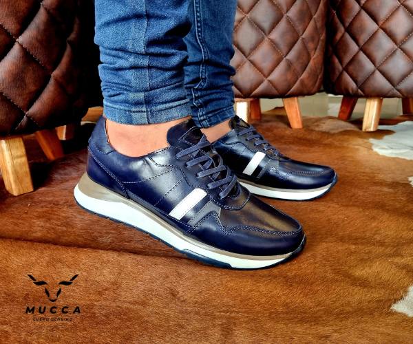 zapato tenis deportivo en cuero para hombre color azul x gris x blanco 902