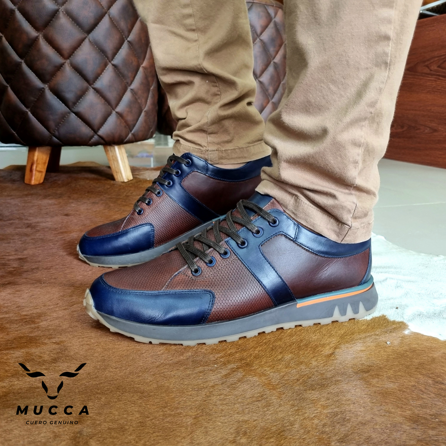 zapato tenis deportivo en cuero para hombre color coñag x azul 468