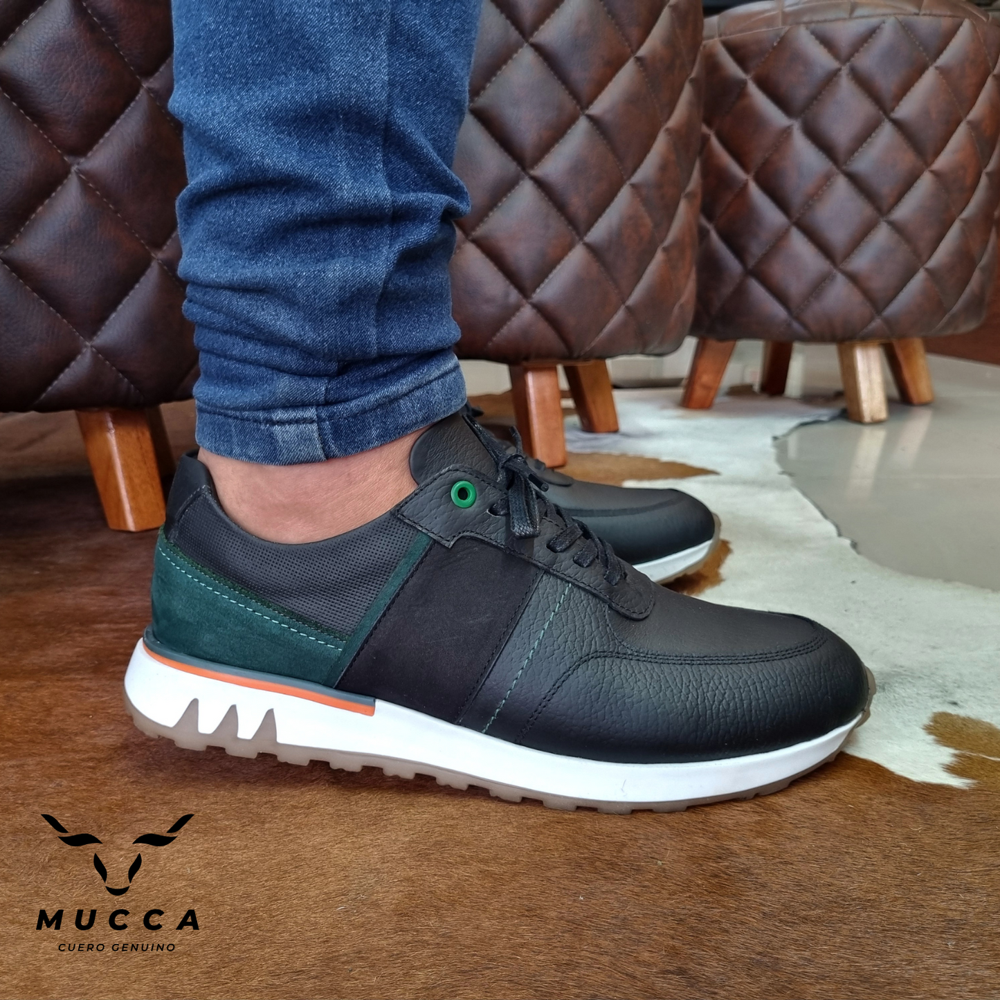 zapato tenis deportivo en cuero para hombre color negro x verde 477