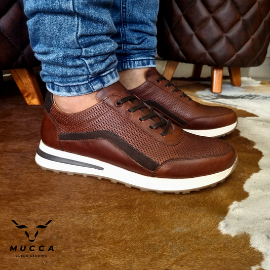 zapato tenis deportivo en cuero para hombre color coñag x cocholate 474