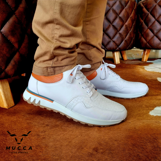 zapato tenis deportivo en cuero para hombre color blanco x naranja 470