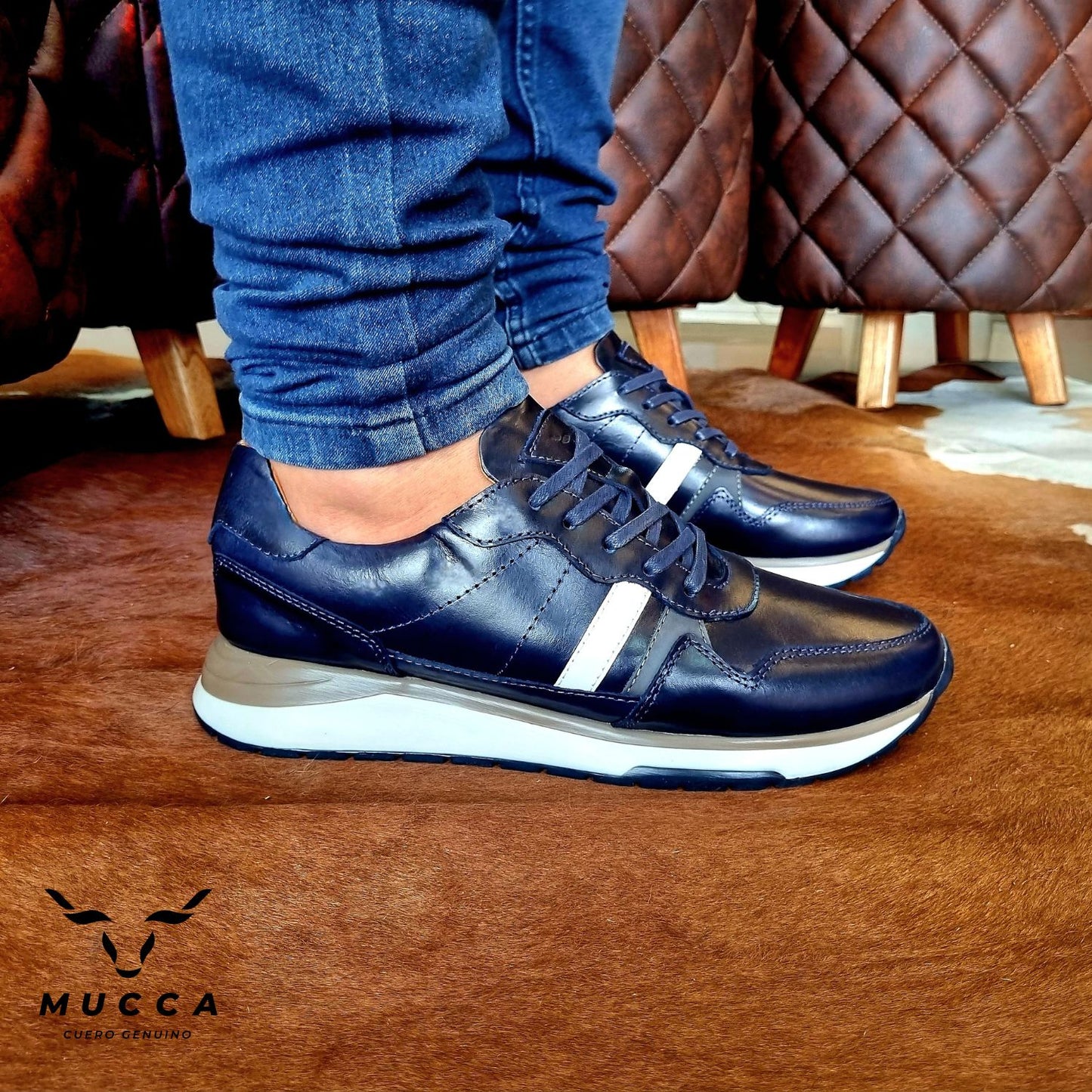 zapato tenis deportivo en cuero para hombre color azul x gris x blanco 902