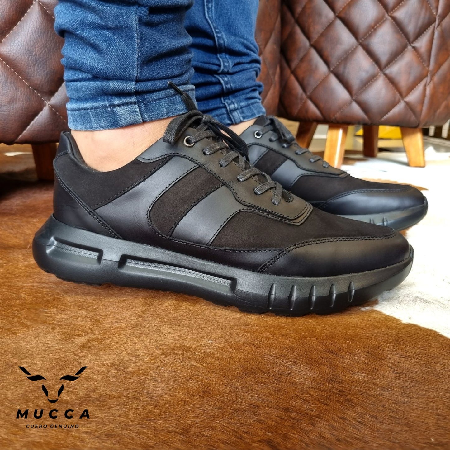 zapato tenis deportivo en cuero para hombre color nobuck negro x negro liso 1216
