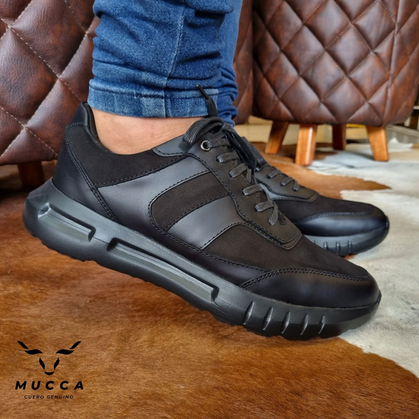 zapato tenis deportivo en cuero para hombre color nobuck negro x negro liso 1216