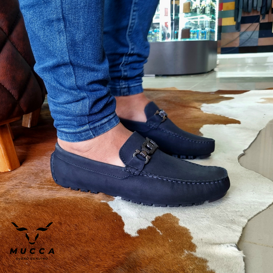 zapato mocasin Apache enchasado para hombre color nobuck azul 555