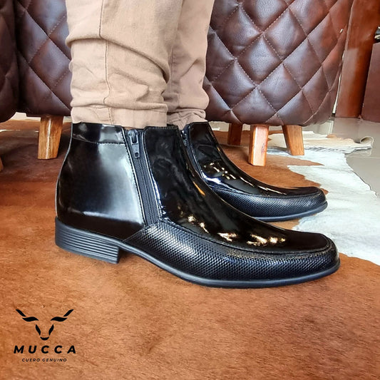 bota en cuero clasica para hombre color negro brillo con 2 cierres 622