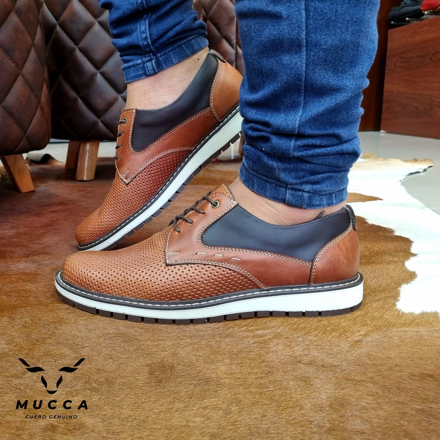 zapato casual en cuero para hombre color rustico miel x cafe 5003