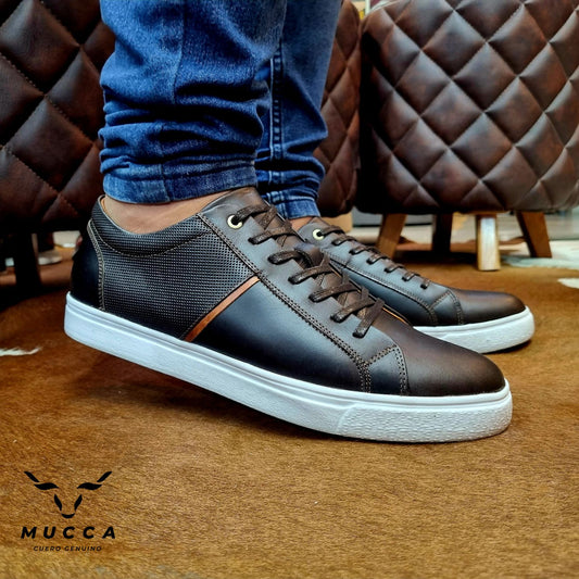 zapato tenis deportivo en cuero para hombre color cafe x miel 439